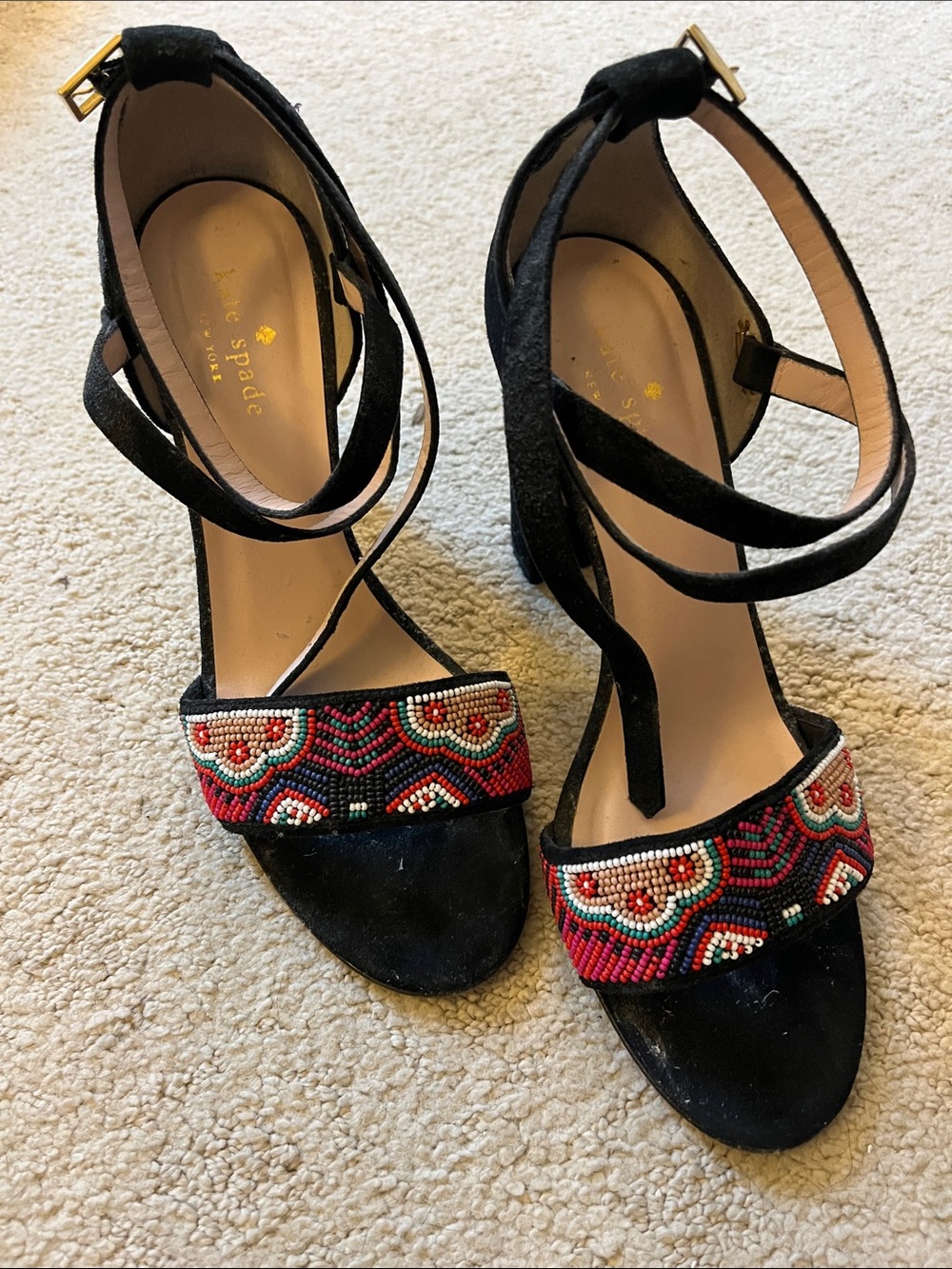 kate spade Black Suede Beaded Ankle-Strap Heels